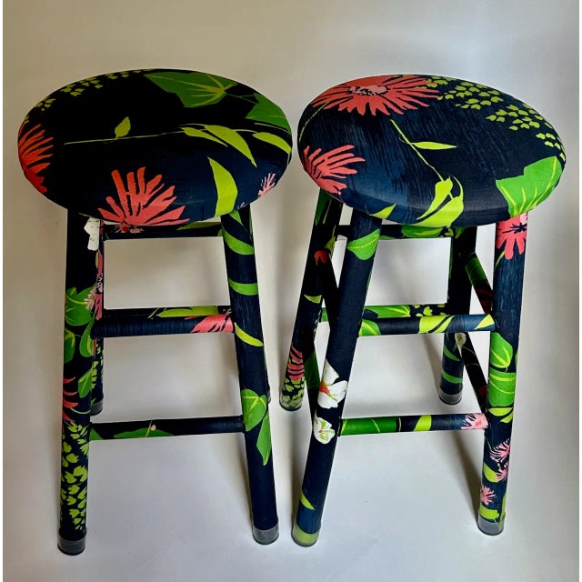 Pair of Vintage Greeff "Summertime Collection" Fabric Wrapped Wooden Counter Stools For Sale - Image 9 of 18