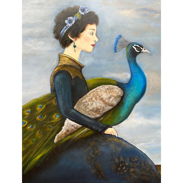 A captivating vintage painting combining romantic portraiture, vibrant peacock imagery, and an elaborately detailed gold...