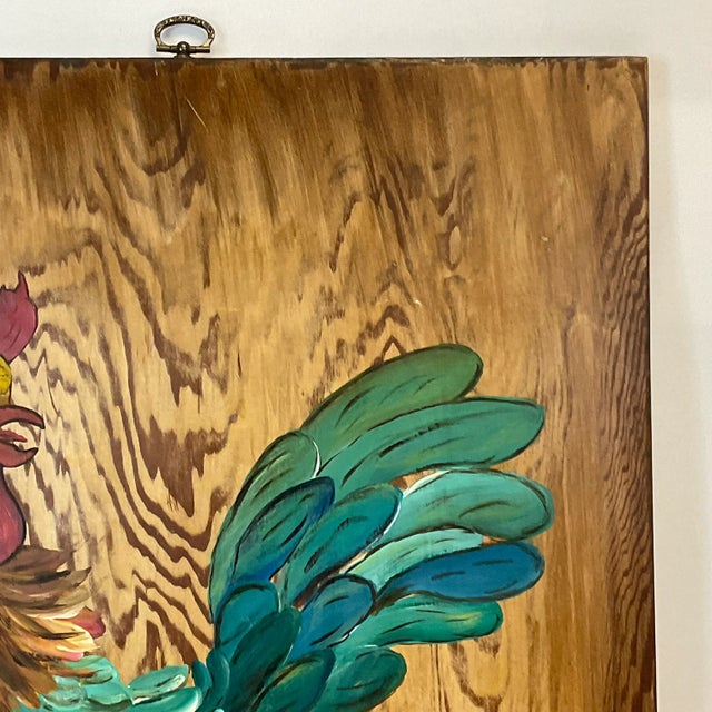 1970s Mid-Century Farmhouse Chic Original Acrylic Painting, Chicken on Pine Wood. For Sale - Image 11 of 12