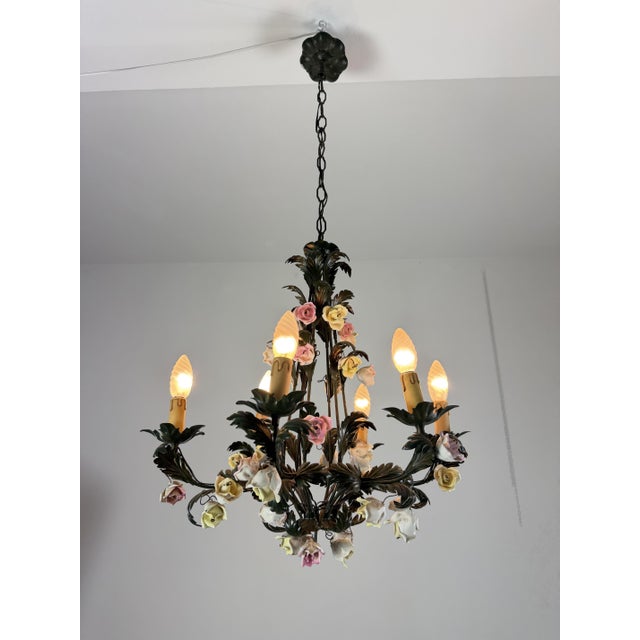 Black Florentine Six-Light Chandelier in Wrought Iron and Porcelain, 1970s For Sale - Image 8 of 11