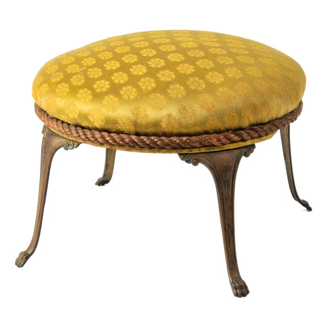 Antique Victorian Sculptural Footstool With Brass Claw Feet Floral Upholstered Top For Sale