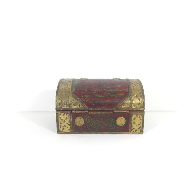 Vintage Humpback Dome Top Wood and Brass Box, Brass Trim, Lidded, Hinged Lid Box, Brown Red Green Gold Trinket For Sale - Image 4 of 10