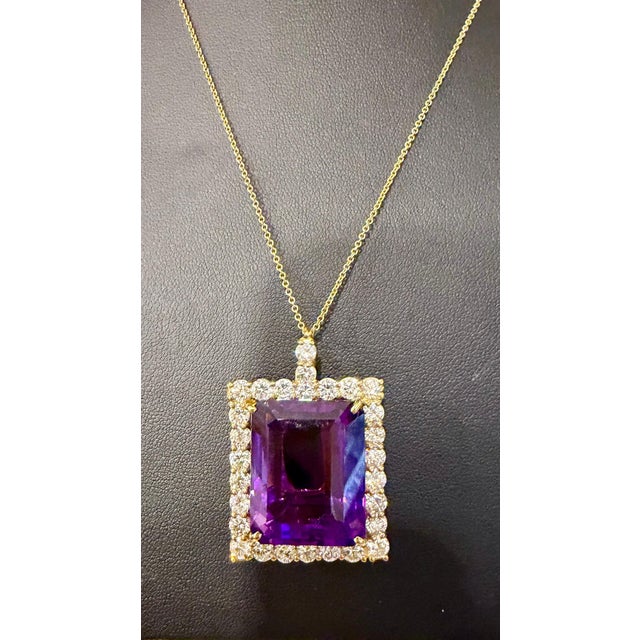 Contemporary 58 Ct Emerald Cut Amethyst & 7 Ct Diamond Pendant Necklace 14KY Gold + Chain For Sale - Image 3 of 18