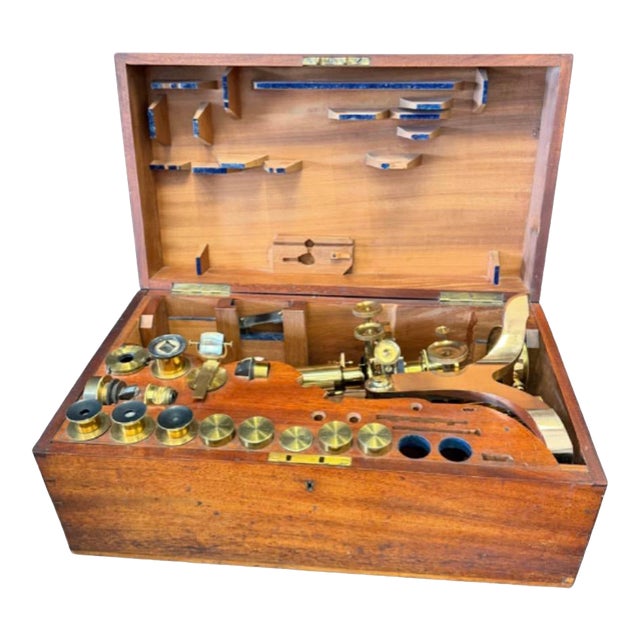 19th-Century Henry Crouch London Brass Binocular Microscope No. 1400 With Fitted Mahogany Case For Sale