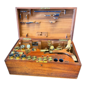 19th-Century Henry Crouch London Brass Binocular Microscope No. 1400 With Fitted Mahogany Case