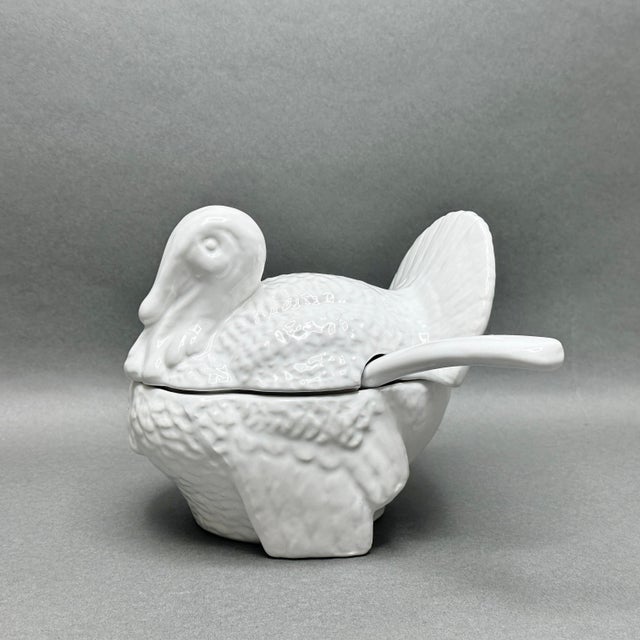 Vintage Fortunoff Lidded White Ceramic Turkey Gravy Boat With Ladle