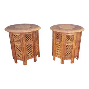 1950s Anglo-Indian Octagonal Carved Teak Collapsible Side Table With Brass Inlay