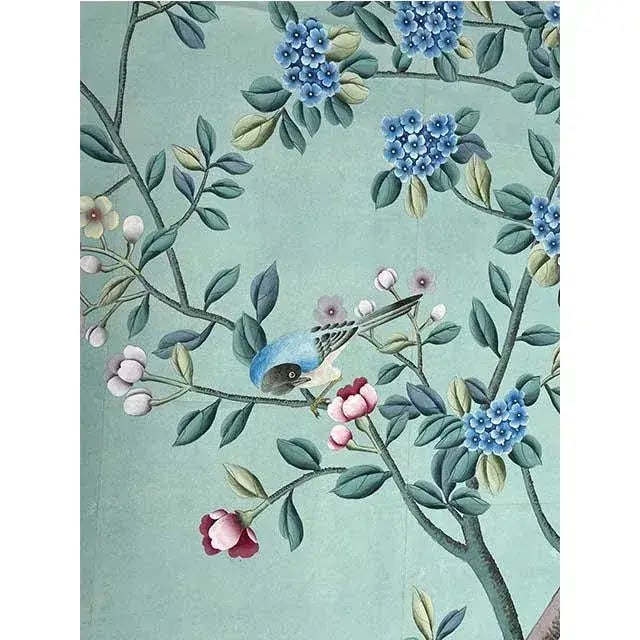 Chinoiserie Chinoiserie Murals Hand Painted Wallpapers on Blue Tea Paper - 3 Panels For Sale - Image 3 of 5