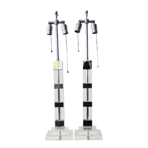 Karl Springer Style Lucite Chrome Column Table Lamps Glam Mid-Century Modern-Pair