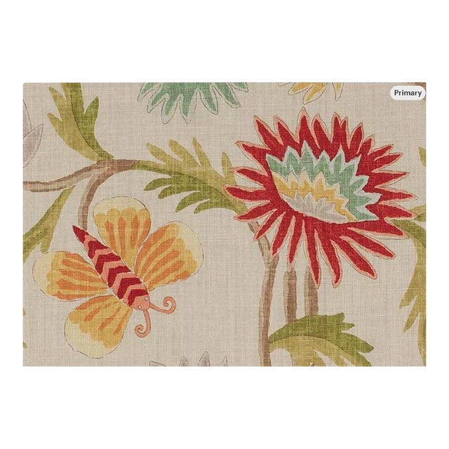 1.375 Yards Thibaut Lizette in Tea Stain - Floral Scottish Linen Print With Butterflies Upholstery Fabric F93601 F-15 For Sale