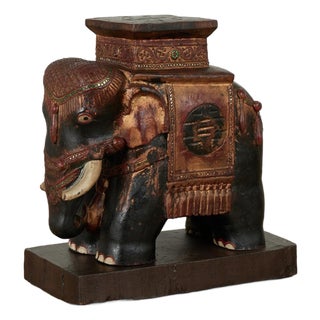 Antique Indian Carved Wood Elephant Stand or Pedestal For Sale