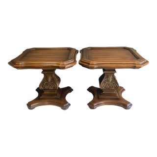 Pair of Mid-Century Carved Wood Pedestal Side Tables For Sale