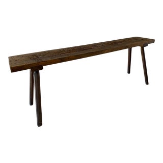 Early 19th Century Primitive Hand Carved Wooden Bench With Wood Pin Legs For Sale