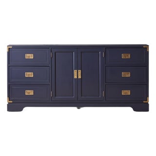 1970s Professionally Refinished Young Solid Oak Campaign Dresser Credenza, Navy Blue, Brass Hardware For Sale