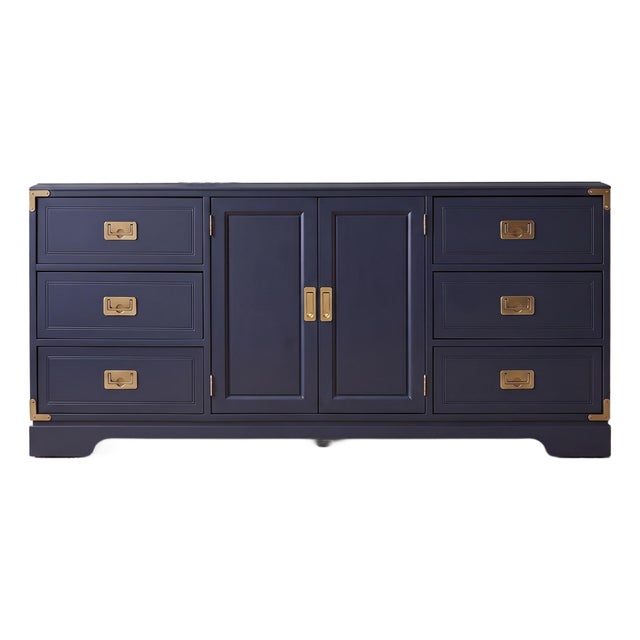 1970s Professionally Refinished Young Solid Oak Campaign Dresser Credenza, Navy Blue, Brass Hardware For Sale