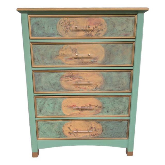 1990s Chinoiserie Scene Hand-Painted 5 Drawer Dresser With Acrylic Handles For Sale