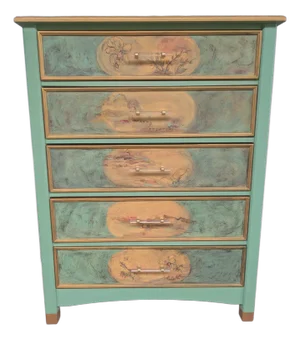 1990s Chinoiserie Scene Hand-Painted 5 Drawer Dresser With Acrylic Handles