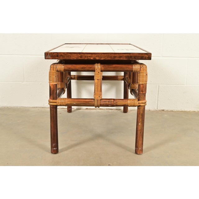 John Wisner for Ficks Reed Mid-Century Hollywood Regency Bamboo Rattan Tile Top Side Table, 1950s For Sale - Image 9 of 11