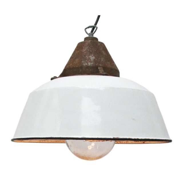 1950s Industrial White Enamel, Cast Iron & Glass Pendant Lamp, 1950s For Sale - Image 5 of 6