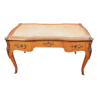French Louis XV Parquetry & Gilt-Bronze Leather-Top Bureau Plat, Circa 1900 For Sale
