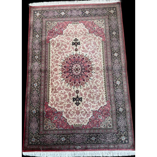 Vintage Ghom Silk Oriental Hand-Knotted Rug, 1980s For Sale - Image 3 of 3