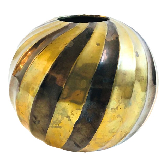 Striped Brass Sphere Vase For Sale