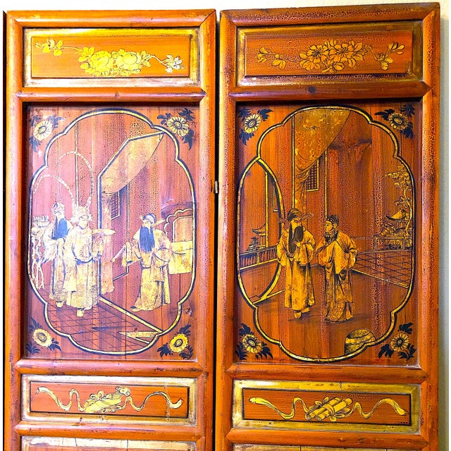 Antique Chinese Wedding Screen - Hand-Painted - Four Panels For Sale - Image 6 of 13