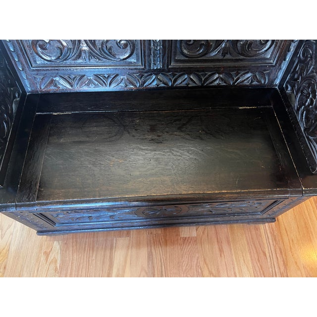 Late 19th Century Antique English Ebonized Oak Bench Hall Settee With Trunk For Sale - Image 4 of 12