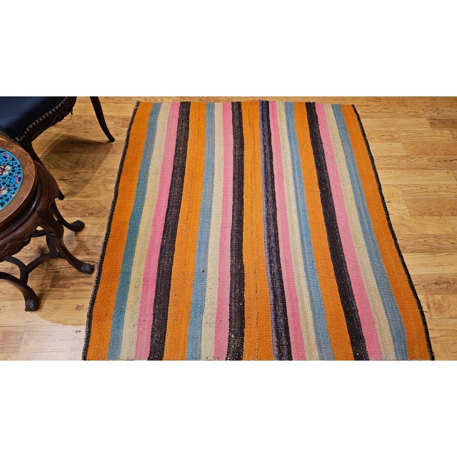 Orange Vintage Turkish Sofreh Kilim, Flat-Woven Wool, Stripe Pattern, Yellow & Green, 5x5 For Sale - Image 8 of 11
