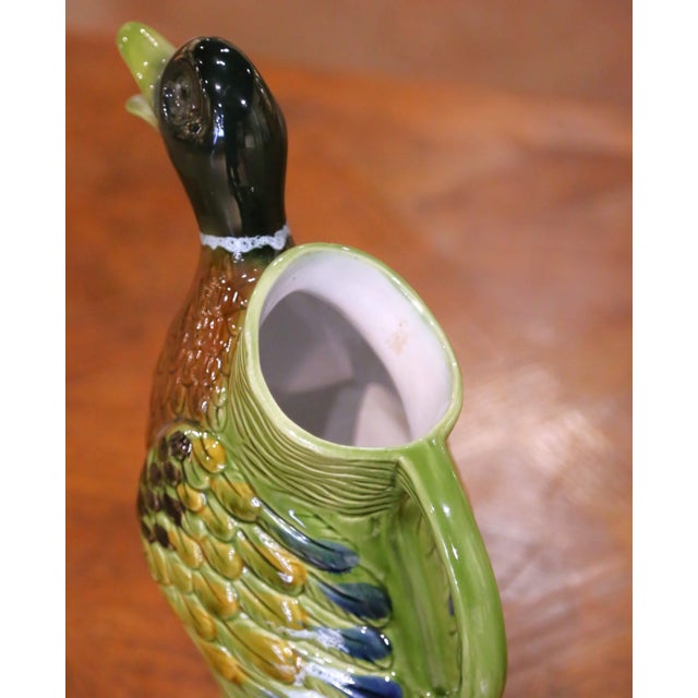 Mid-20th Century French Painted Barbotine Ceramic Duck Pitcher For Sale - Image 4 of 12