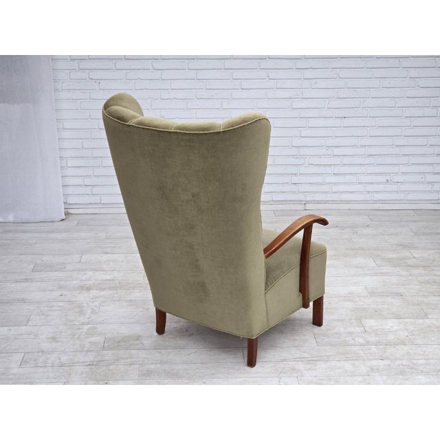 Green Danish Oak Highback Armchair with Velour Upholstery, 1960s For Sale - Image 8 of 18