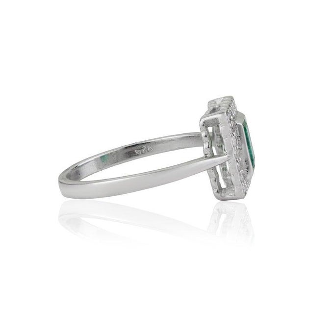 Not Yet Made - Made To Order Octagon Cut Geometric Zambian Emerald Ring With Diamond Halo in Silver, Size 6 For Sale - Image 5 of 14