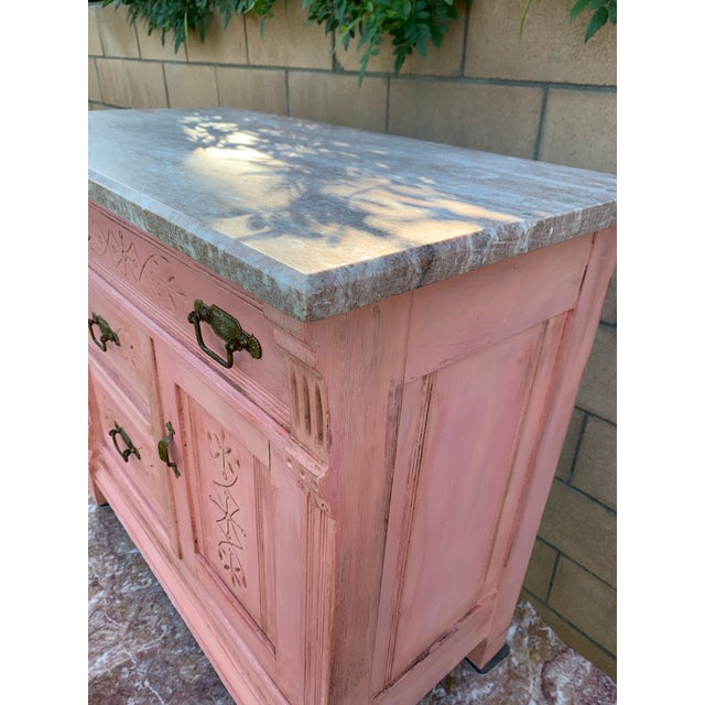 Pink Antique Rustic Eastlake Spoon Carved Pink Commode W Marble Top For Sale - Image 8 of 11