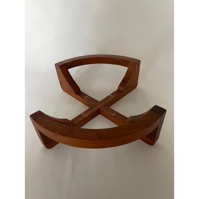 Brown 1960s Danish Glass Salad Serving Bowl on Curved Teak Wood Stand For Sale - Image 8 of 11