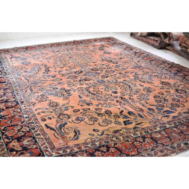 Antique Botanical Sarouk GEM Salmon, Coral, Pink & Peacock Blue Rug 10.3 x 13.4 For Sale - Image 11 of 14