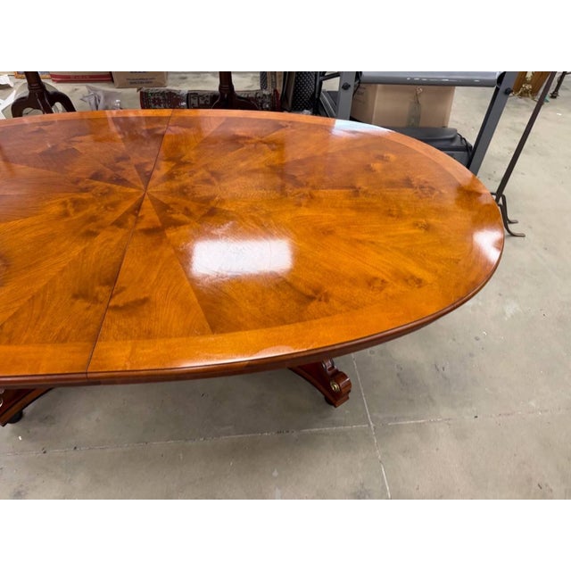 Vintage Neoclassical Regency Style Cherry and Burl Wood Pedestal Oval Dining Table With 2 Leaves For Sale In Washington DC - Image 6 of 16