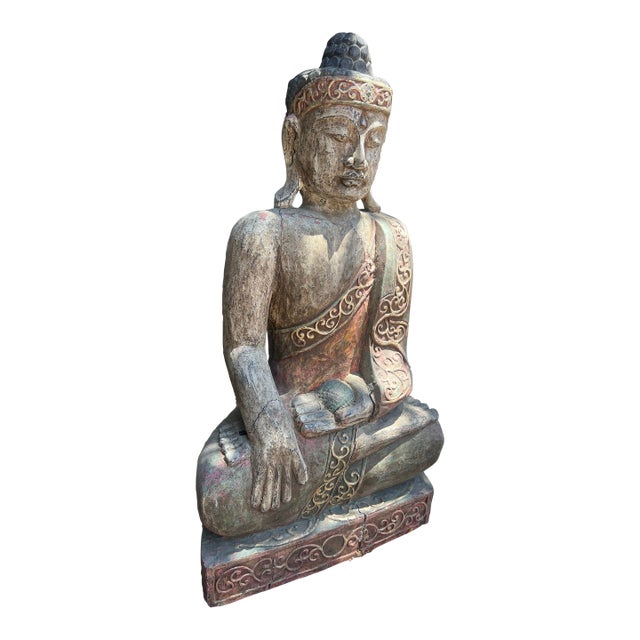 Late 19th Century Vintage Carved Painted Antique Seated Buddha For Sale