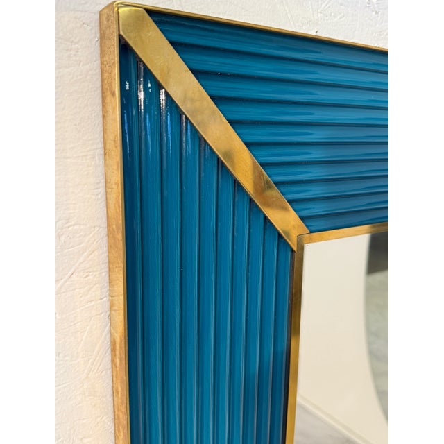 1970s Mid-Century Italian Mirror With Teal Ribbed Frame and Brass Accents 1970s For Sale - Image 5 of 7