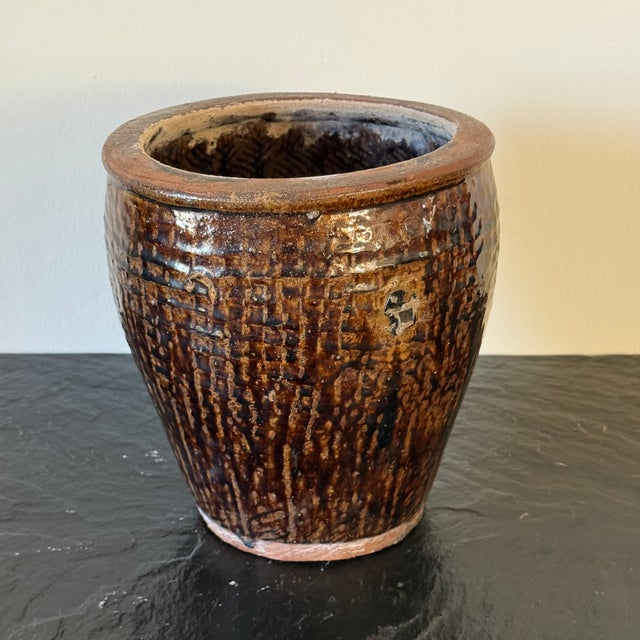 Mid-Century Hand Thrown Rustic Ceramic Planter in Textured Brown Glaze Measures approx: 10H x 8.5D Please visit my other...