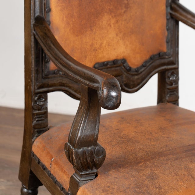 Wood Late 19th Century Swedish Oak Carved Armchair With Vintage Leather For Sale - Image 7 of 16