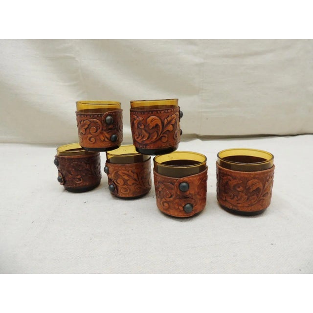 Vintage Hand Blown Shot Glasses Wrapped in Embossed Leather - Set of 6 For Sale In Tampa - Image 6 of 10