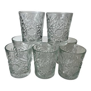 Vintage Pinwheel and Hobstar Cut Glass Lowball Rocks Glasses Set of 8 For Sale