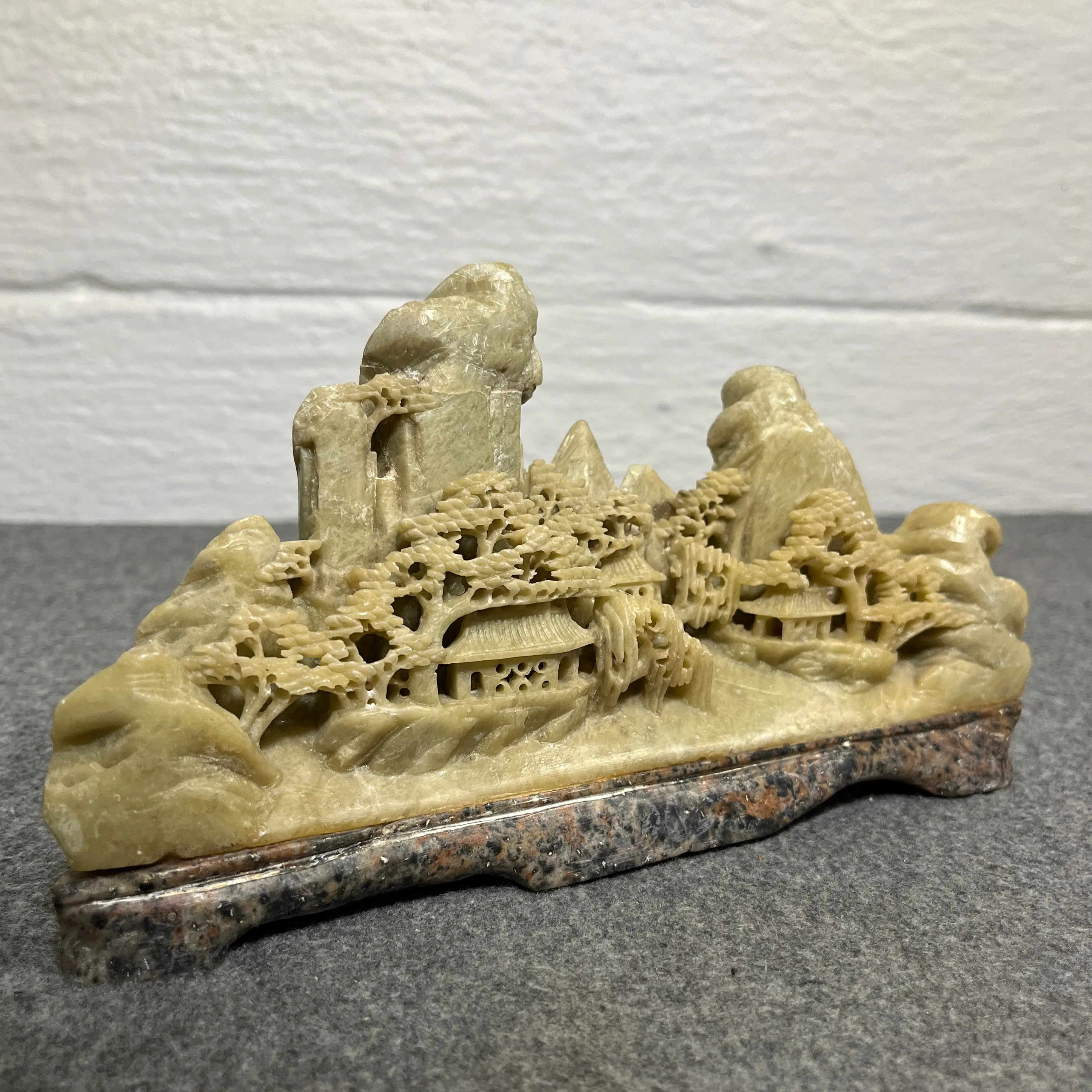 Mid 20th Century Chinese Light Green Soap Stone Landscape Carving