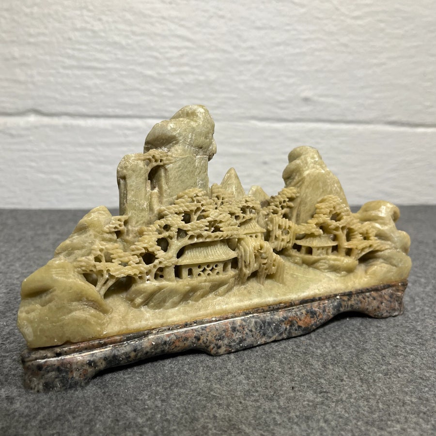 Mid 20th Century Chinese Light Green Soap Stone Landscape Carving
