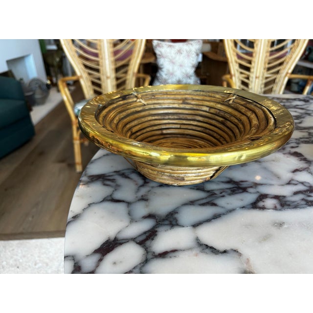 Italian Pencil Reed Rattan Bowl With Brass Trim, 11 In For Sale - Image 4 of 5