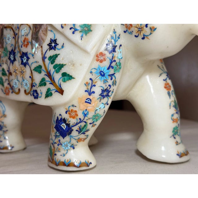 Large Vintage Inlaid White Marble Marquetry Stone Elephant Statue Sculpture 17Lbs For Sale - Image 9 of 17