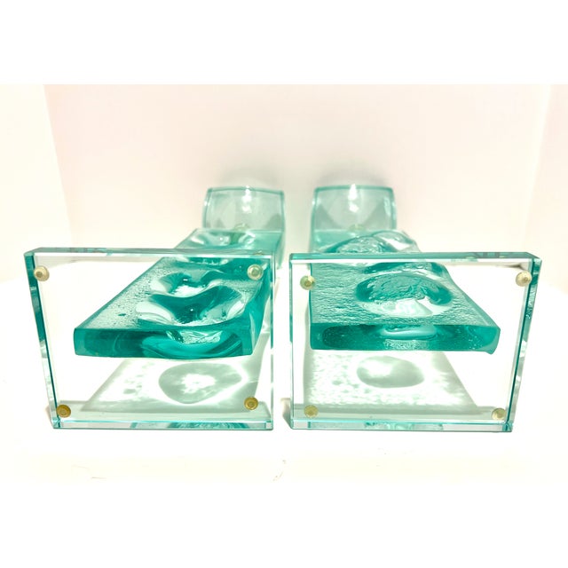 Abstract Pair of Aqua Teal Studio Art Glass Sculptures Totems Lucite Bases 15.5” Abstract Modern For Sale - Image 3 of 9
