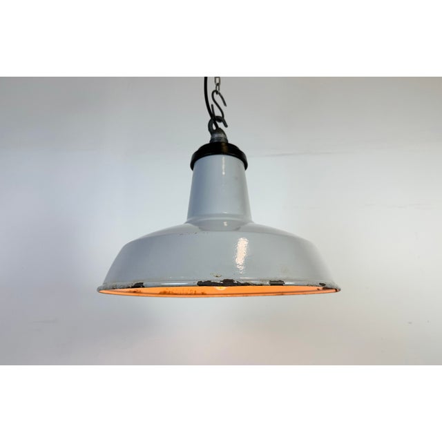 Industrial Grey Enamel Factory Pendant Lamp, 1960s For Sale - Image 9 of 17