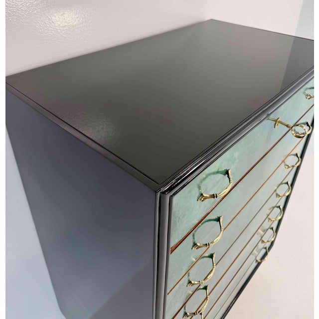 Aqua Art Deco Italian Seven-Drawer Chest in Aquamarine Parchment and Black Lacquer, 1950s For Sale - Image 8 of 12