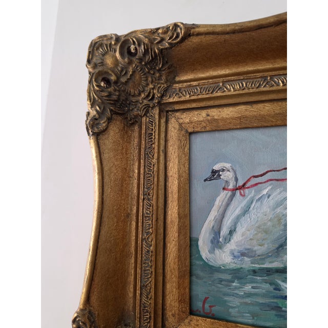 Vintage Ornate Gold Picture Frame With Original Swan Oil Painting, Baroque Wall Art, Gilded Hollywood Regency Decor For Sale - Image 6 of 9